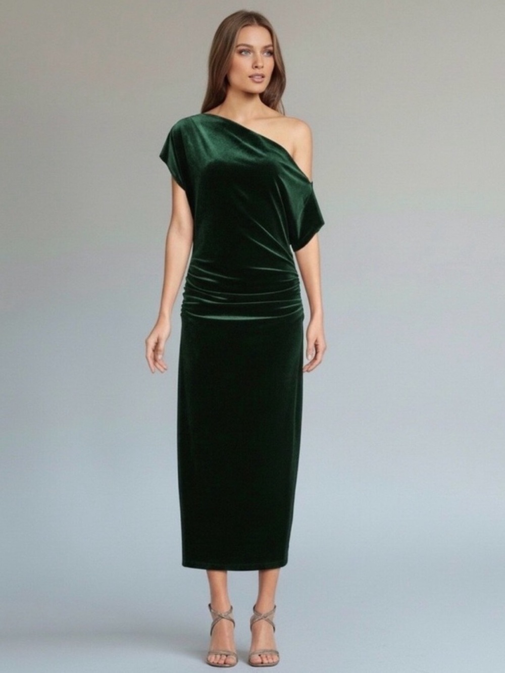 Gibson Latimer One-Shoulder Velvet Midi Dress in Forest Green